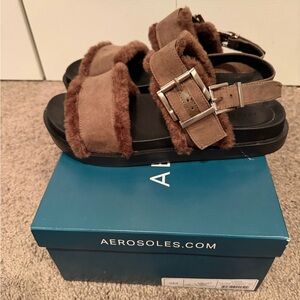 AEROSOLES Lada Brown Faux Fur Suede Double-Strap Sandals